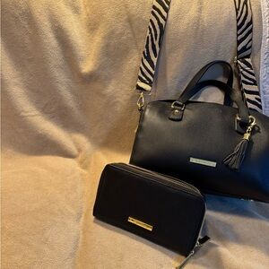 Black Structured Leather Satchel with Gold Hardware and Matching Wallet
